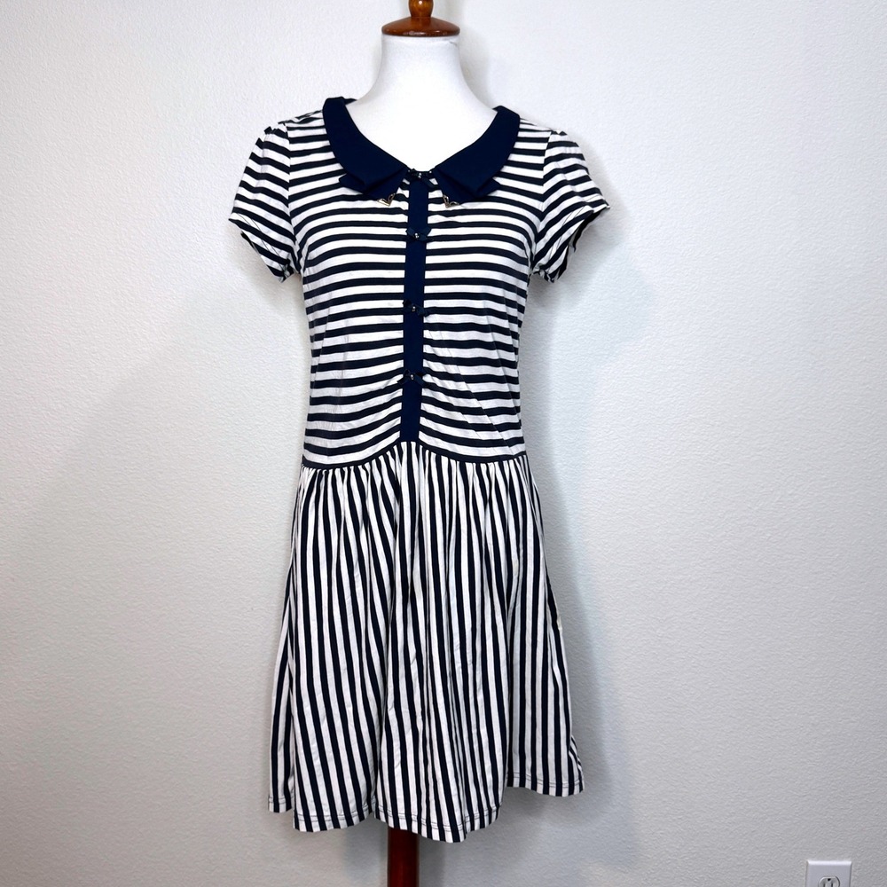 La BABITE Nautical Mini Dress Dropped Waist SM Blue Cream‎ Stripe Short Sleeve